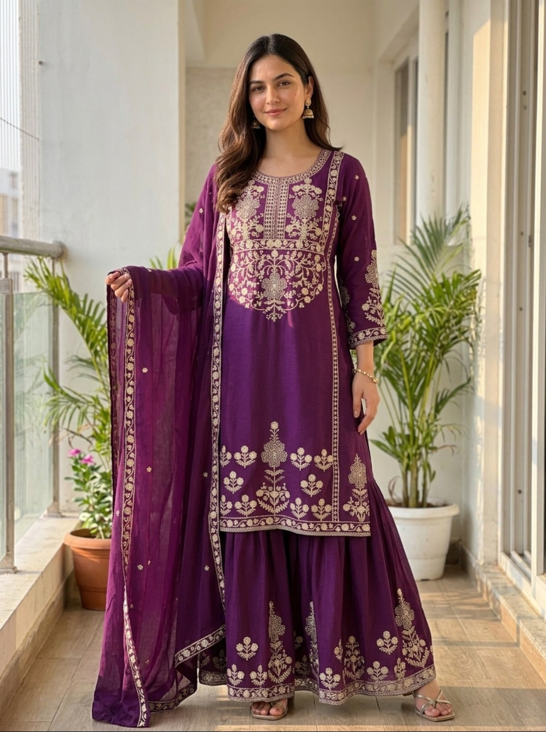 Purple Embroidered Chinnon Silk Kurta Set with Sharara & Dupatta | Festive 3-Piece Ethnic Set for Women