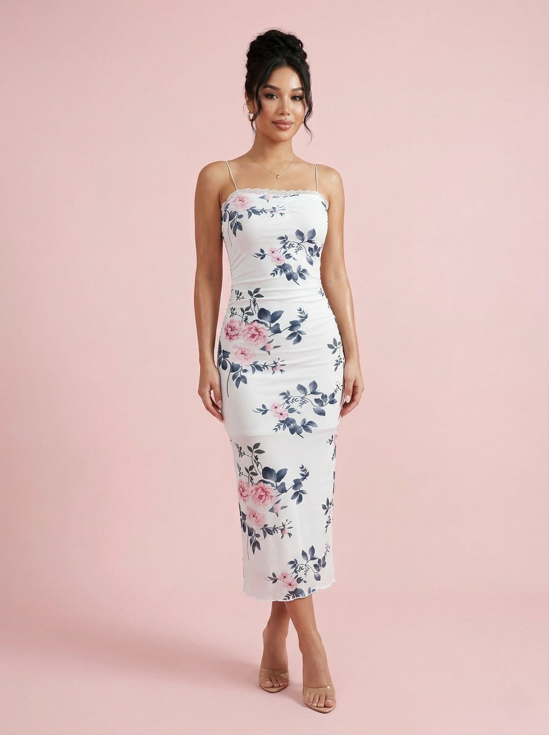 White Floral Bodycon Midi Dress for Women