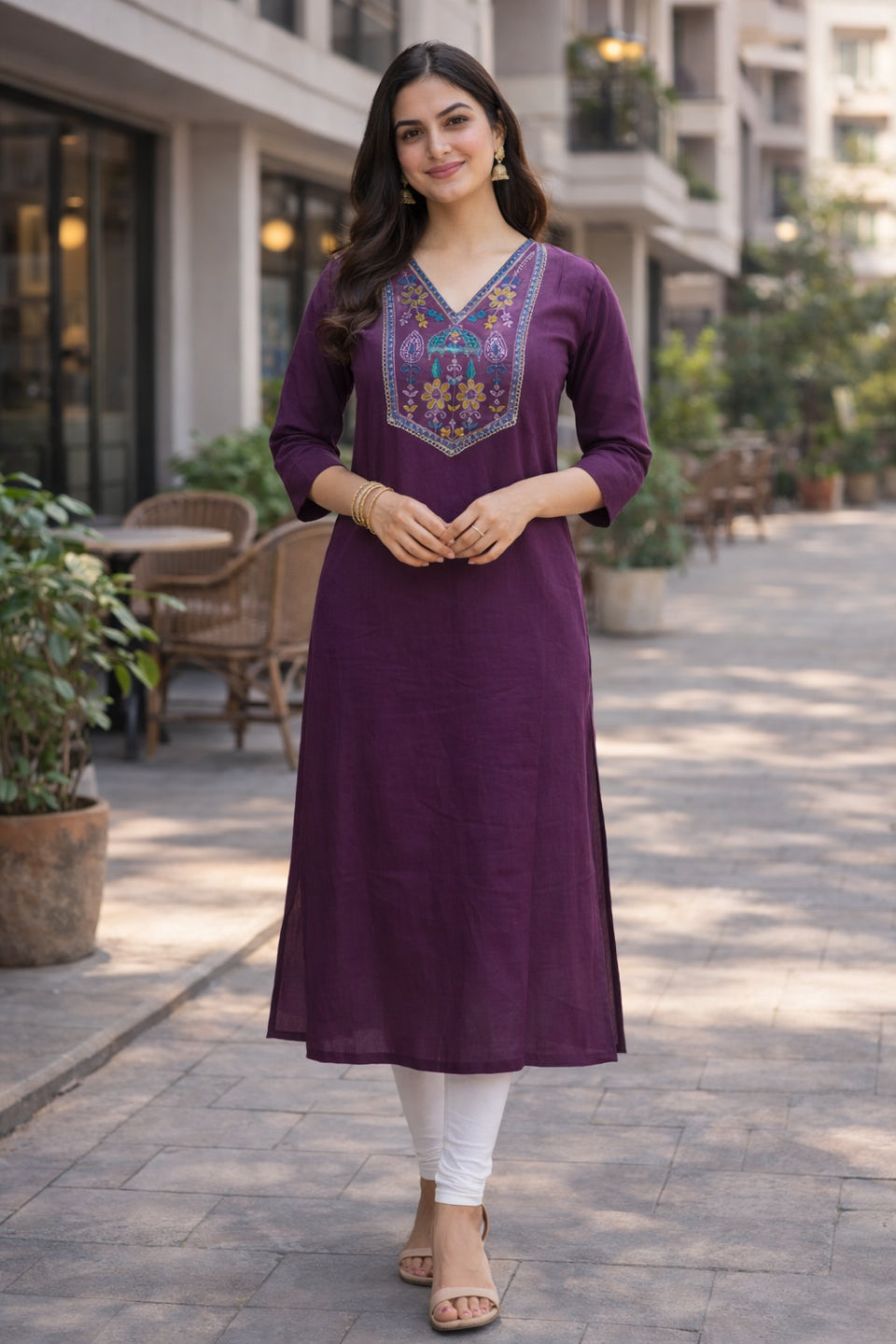 Women Purple Embroidered Straight Kurti | Stylish V-Neck Ethnic Kurta for Women | Casual Office Wear Long Kurti