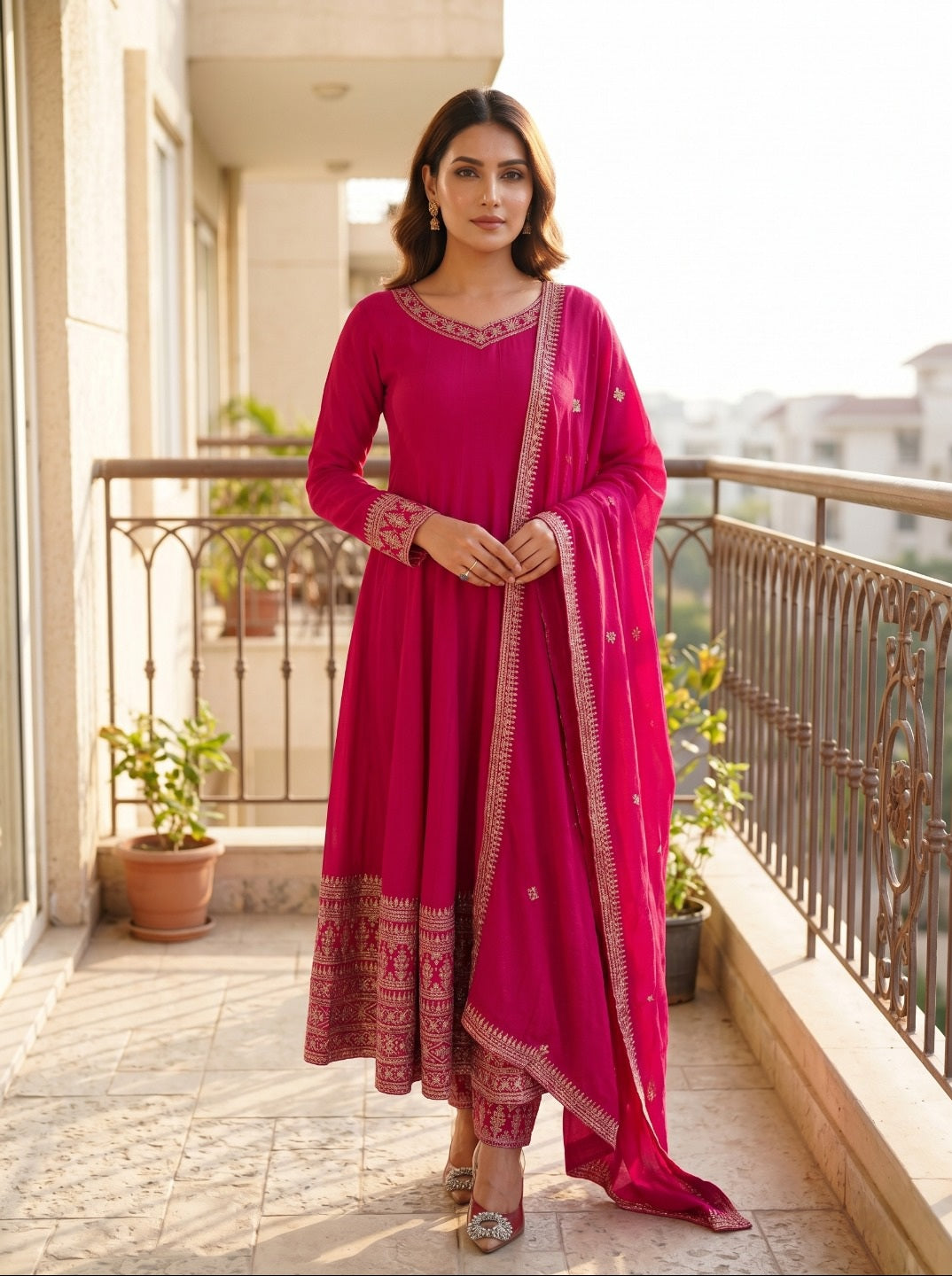 Women Darkpink Vichitra Silk Embroidered 3 Piece Kurta Set with Dupatta | Festive & Party Wear Ethnic Set