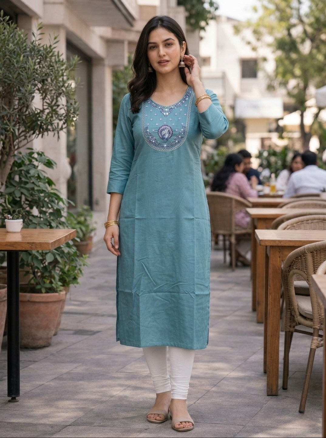 Firozi Rayon Slub Embroidered Straight Kurti for Women | Casual & Ethnic Wear