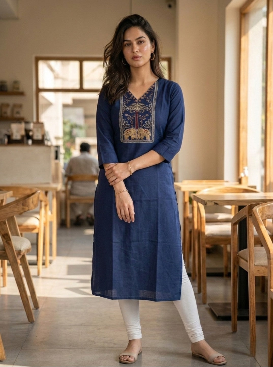 Navy Blue Rayon Slub Embroidered Straight Kurti for Women | Ethnic Casual Wear