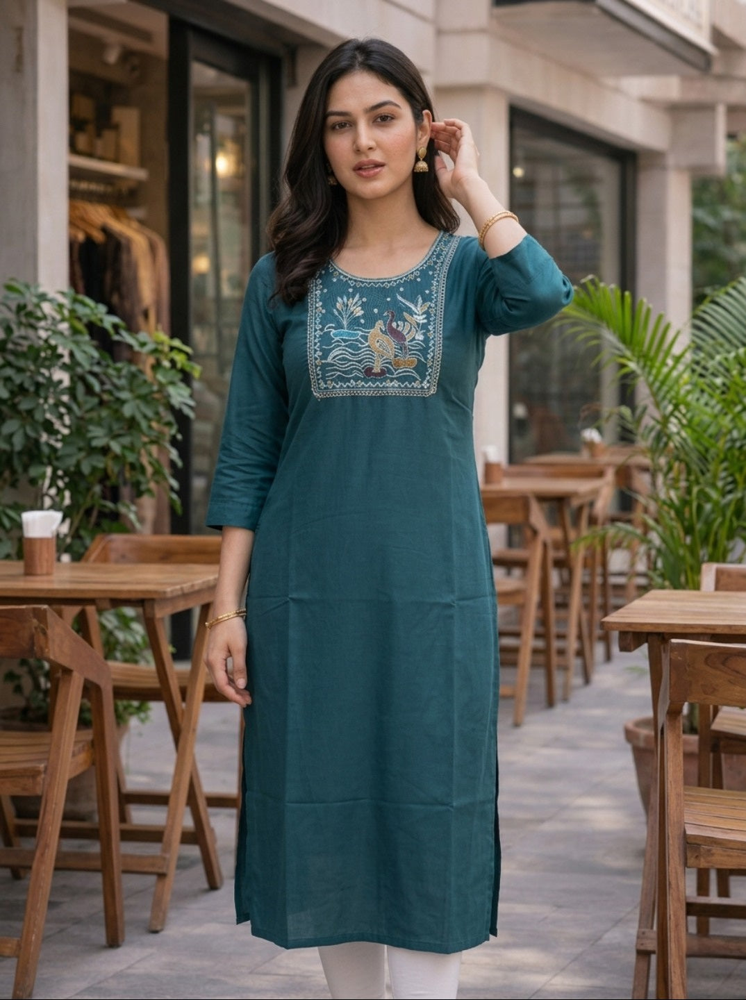 Stylish Teal Green Rayon Slub Embroidered Straight Kurti for Women | Casual Ethnic Wear
