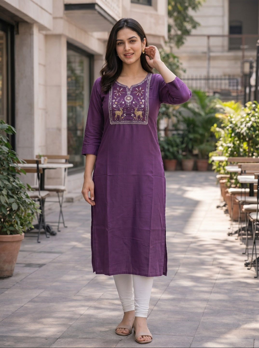 Women Wine Rayon Slub Embroidered Straight Kurti | Elegant Ethnic Casual Wear for Women