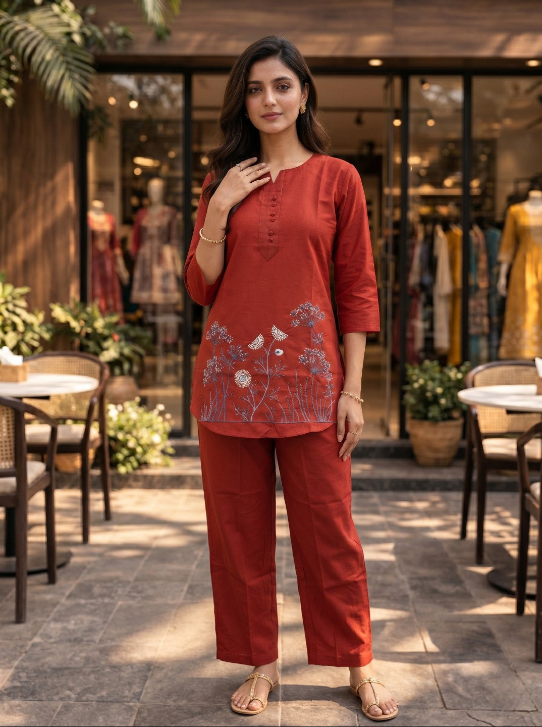 Women's Rust Cotton Floral Printed Co-Ord Set | Straight Fit Top With Matching Pants | Casual & Ethnic Wear Set