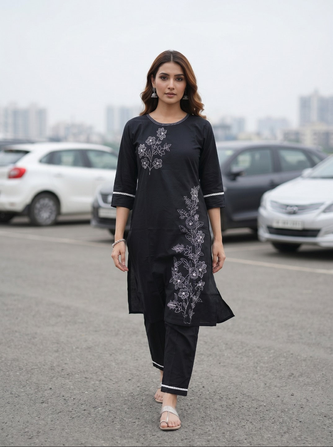 Women’s Black Cotton Kurta Set with White Floral Embroidery | Elegant Straight Kurta Set with Floral Thread Work