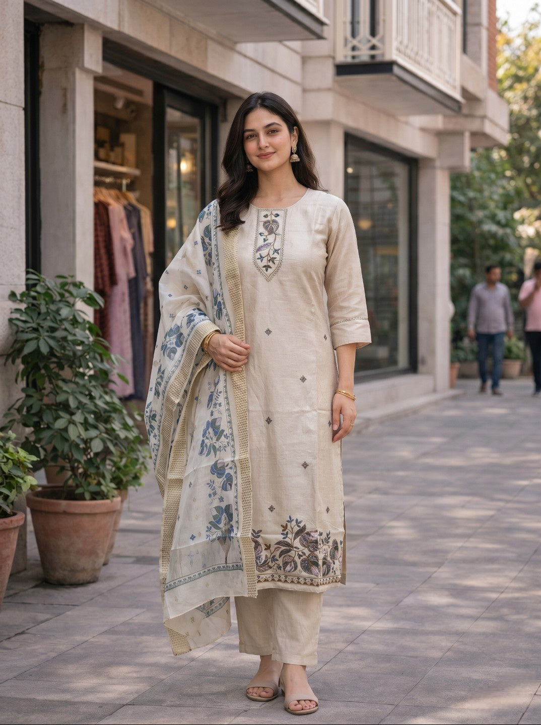 Women Offwhite Embroidered Vartican Silk Kurta Set With Dupatta | Ethnic 3 Piece Festive Suit Set