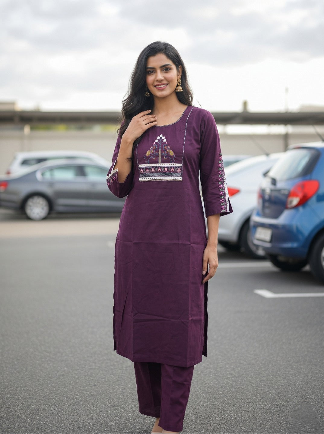 Royal Wine Cotton Embroidered Kurta Pant Set | Elegant Ethnic Cotton Kurta Set for Daily & Festive Wear