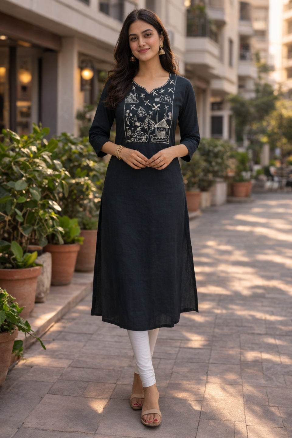 Black Embroidered Straight Kurti for Women V-Neck Style