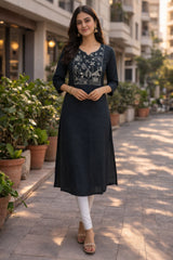 Black Embroidered Straight Kurti for Women V-Neck Style