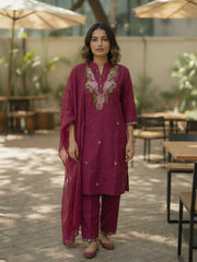 Maroon Floral Embroidered 3 Piece Kurta Set for Women with Dupatta | Elegant Wine Color Kurti Pant Set | Festive Wear, Wedding & Party Ethnic Suit