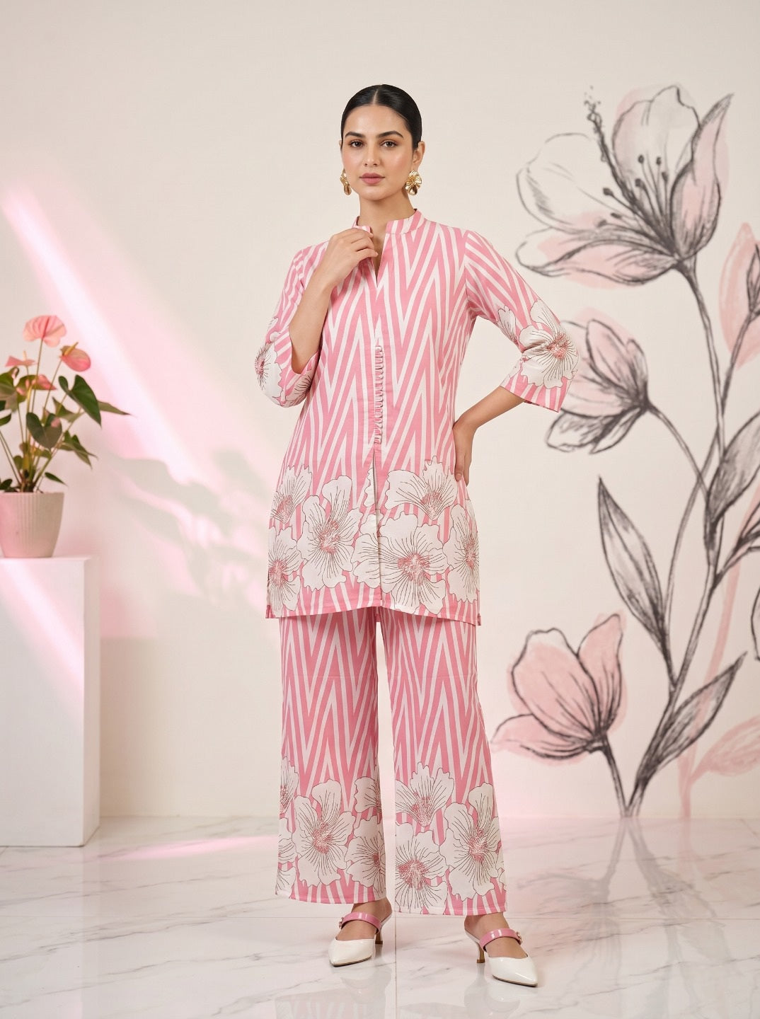 Pink Floral Cotton Co-Ord Set for Women | Striped Top & Straight Pant | Festive & Casual Wear