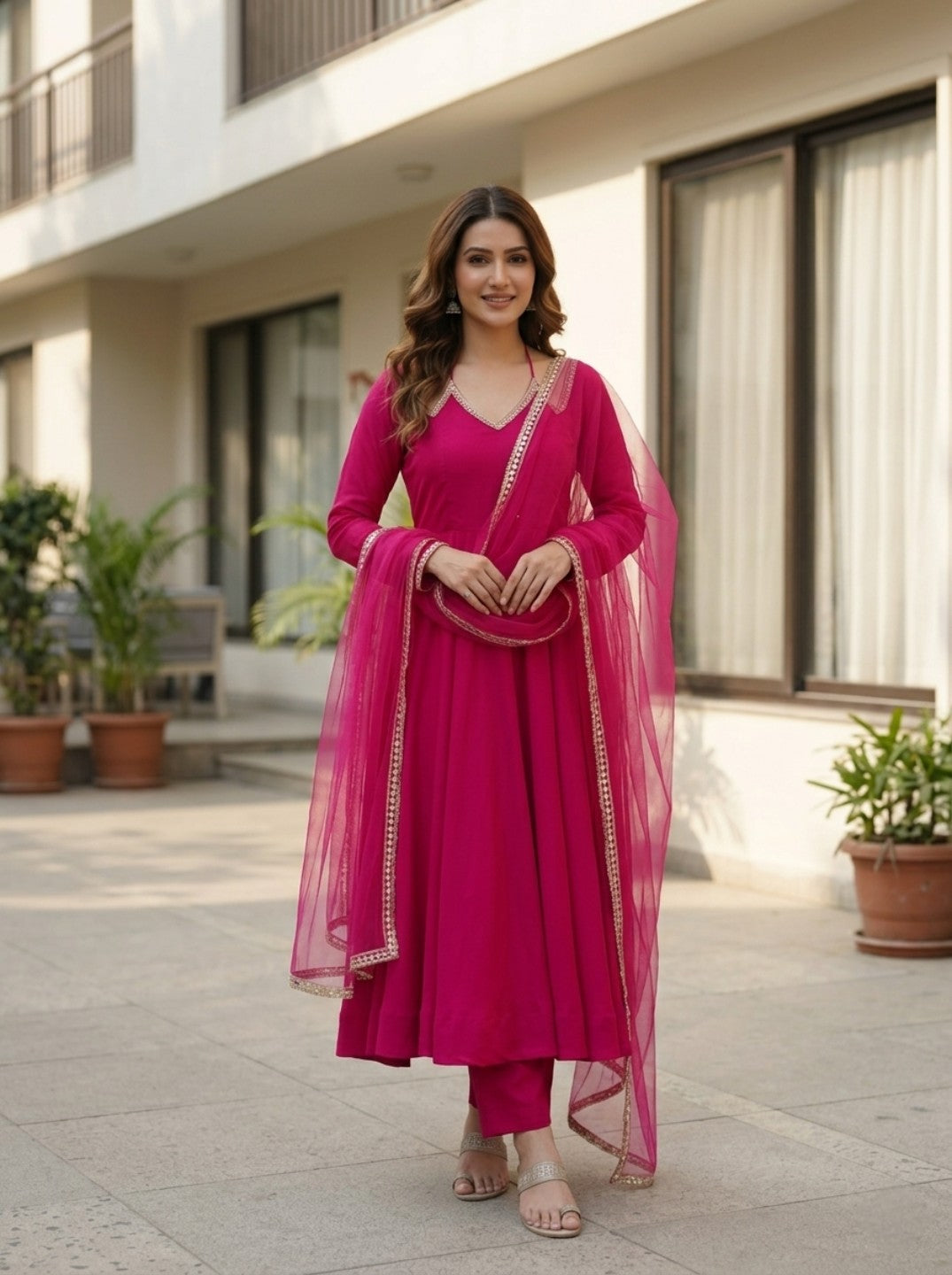 Roman Silk Chanderi Anarkali Kurta Set with Net Dupatta | Festive & Wedding Wear for Women
