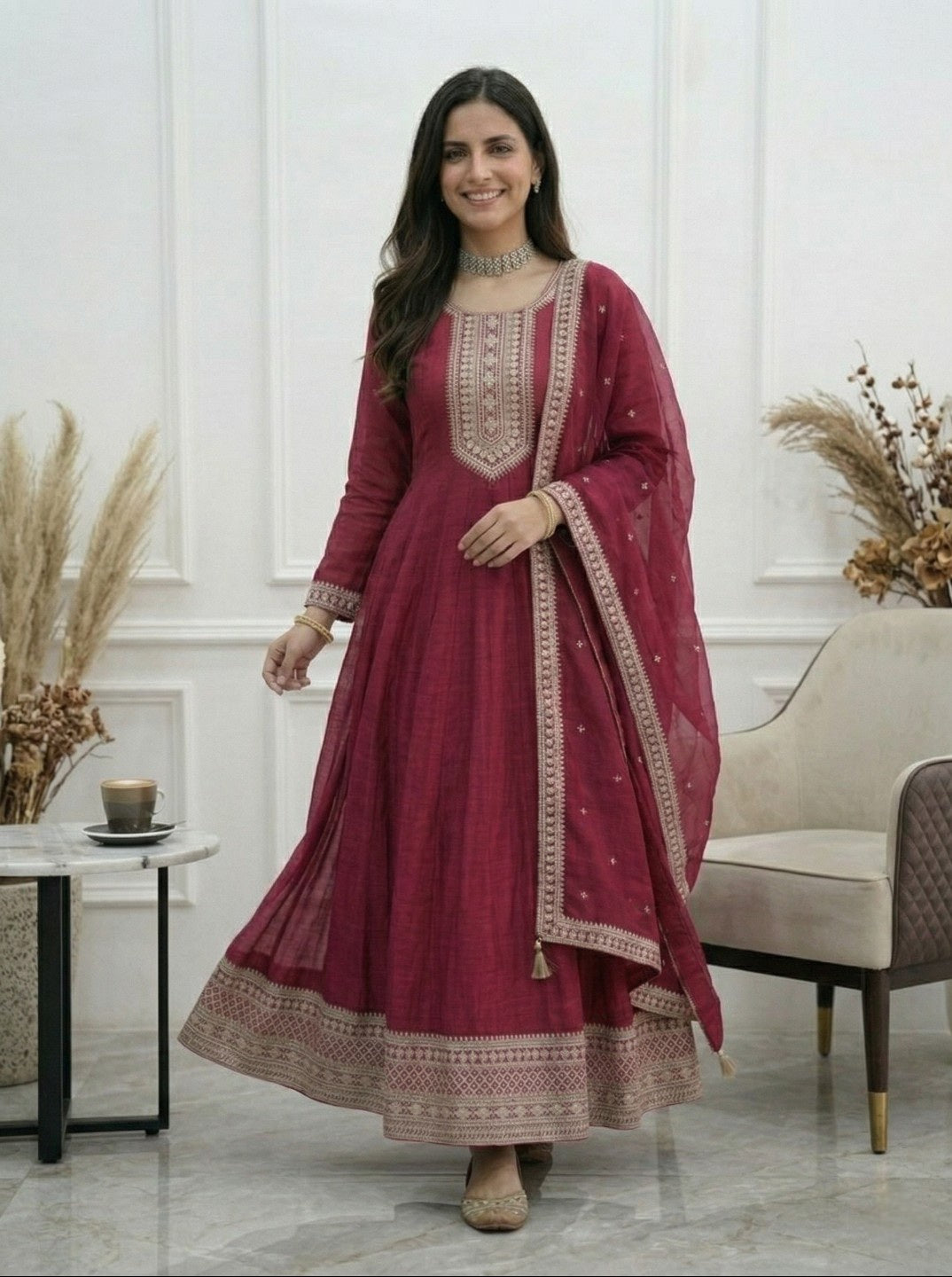 Dark Pink Pure Vichitra Silk Anarkali Kurta Set with Dupatta | Heavy Embroidered Party Wear Gown Set for Women