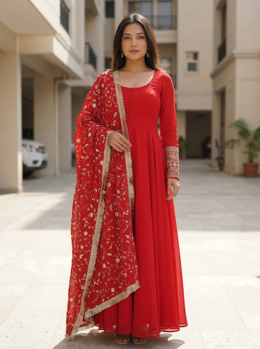 Georgette Anarkali Gown Set with Embroidered Dupatta & Pant – Festive Wear | Fully Stitched