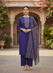 Women’s Purple Ethnic Motifs Yoke Design Kurta Set with Palazzos & Dupatta – Elegant Straight Fit Festive Wear