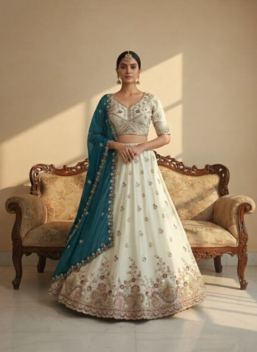 Rama Green Embroidered Lehenga Choli Set with Contrast Dupatta | Full Stitched Festive, Wedding & Party Wear Lehenga for Women