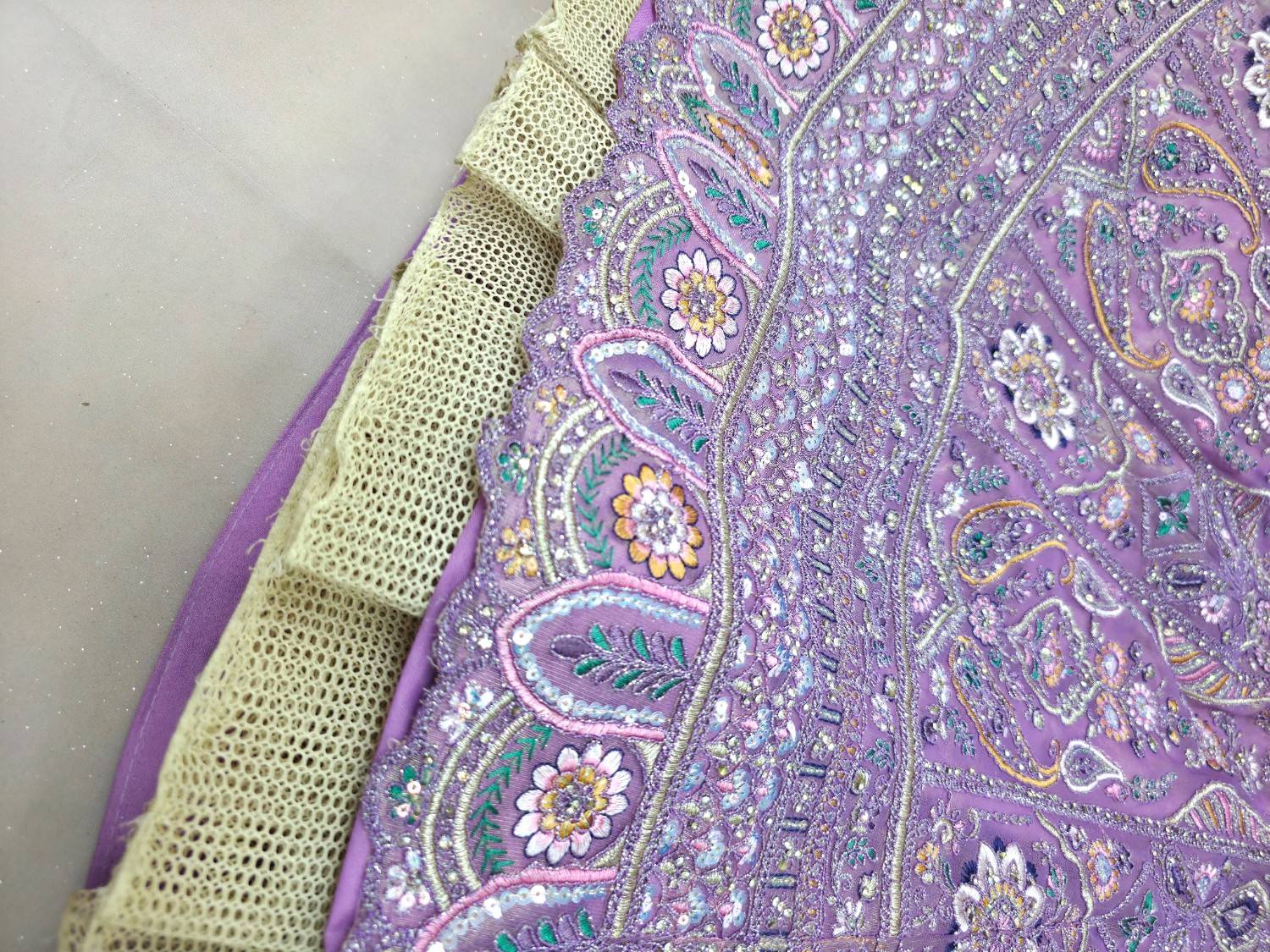 Lavender Designer Lehenga Choli with Intricate Embroidery & Jarkan Work – Shimmer Net Wedding Wear (Semi Stitched)