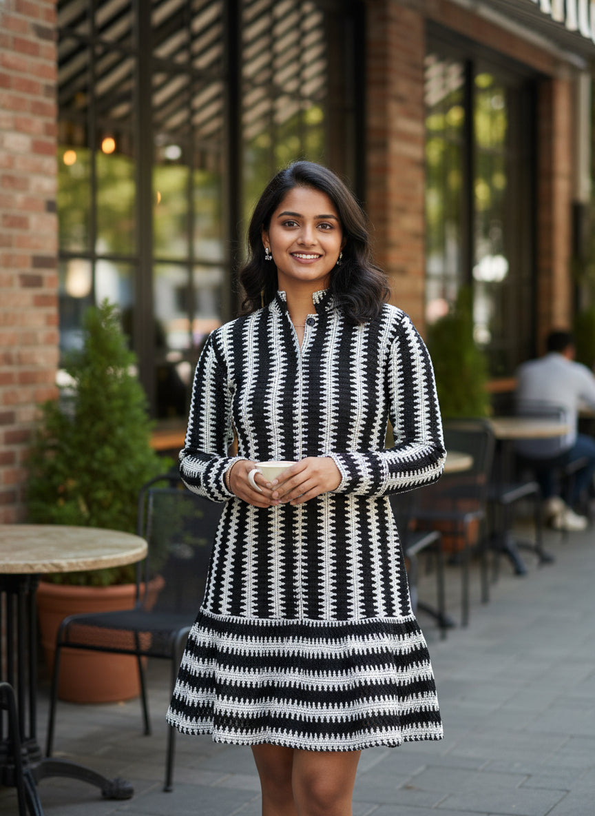 Black & White Striped Kurti for Women – Full Sleeve Short Kurti Dress, Regular Fit Casual Office Wear Ethnic Top