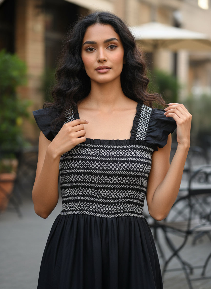 Women’s Black Smocked Tiered Long Kurta Dress with Ruffle Sleeves – Elegant Flared Ethnic Casual & Summer Wear Kurta.