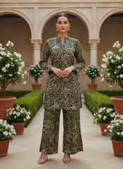 Black & Brown Printed Co-Ord Set with Mandarin Collar Top and Elasticated Trousers – Chic Everyday Statement Outfit