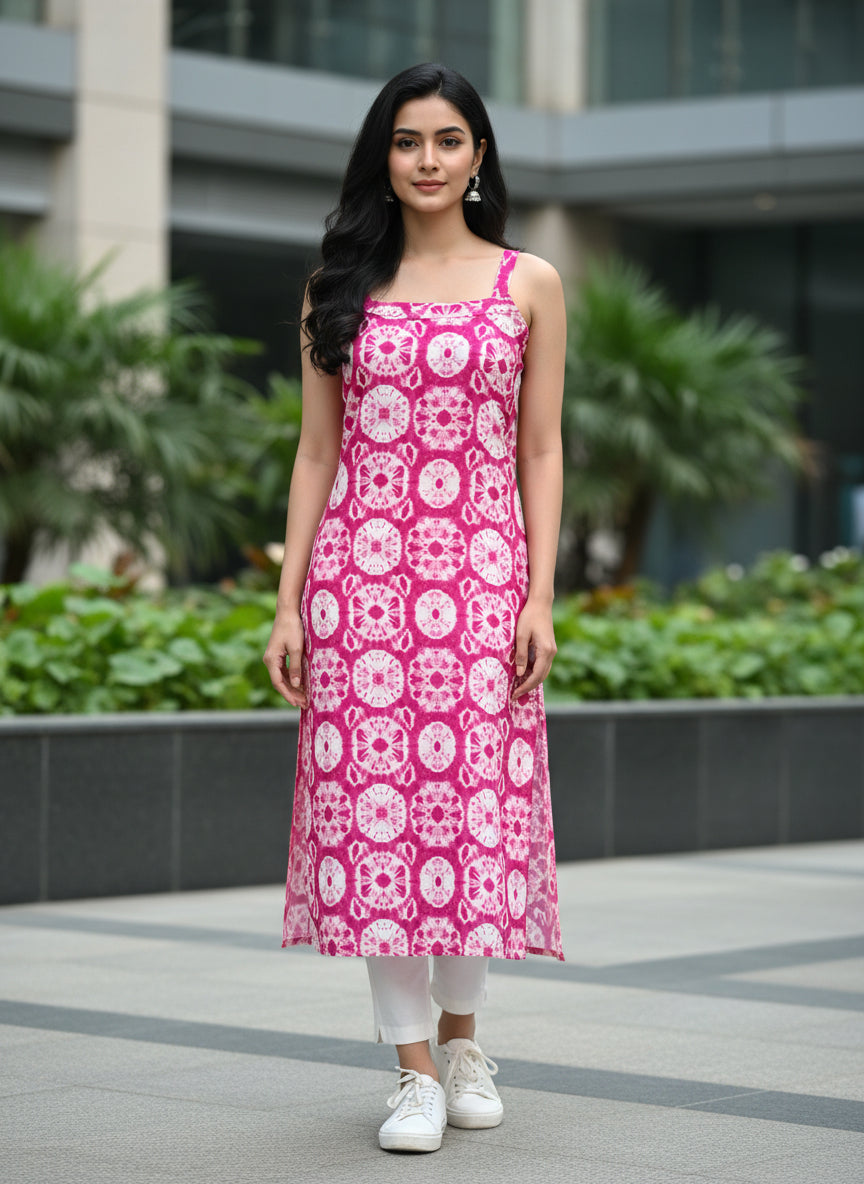 Women’s Pink Printed Sleeveless Long Kurti – Casual Ethnic Summer Wear