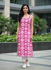 Women’s Pink Printed Sleeveless Long Kurti – Casual Ethnic Summer Wear