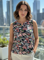 Women’s Black Floral Print Sleeveless Cotton Blend V-Neck Casual Top