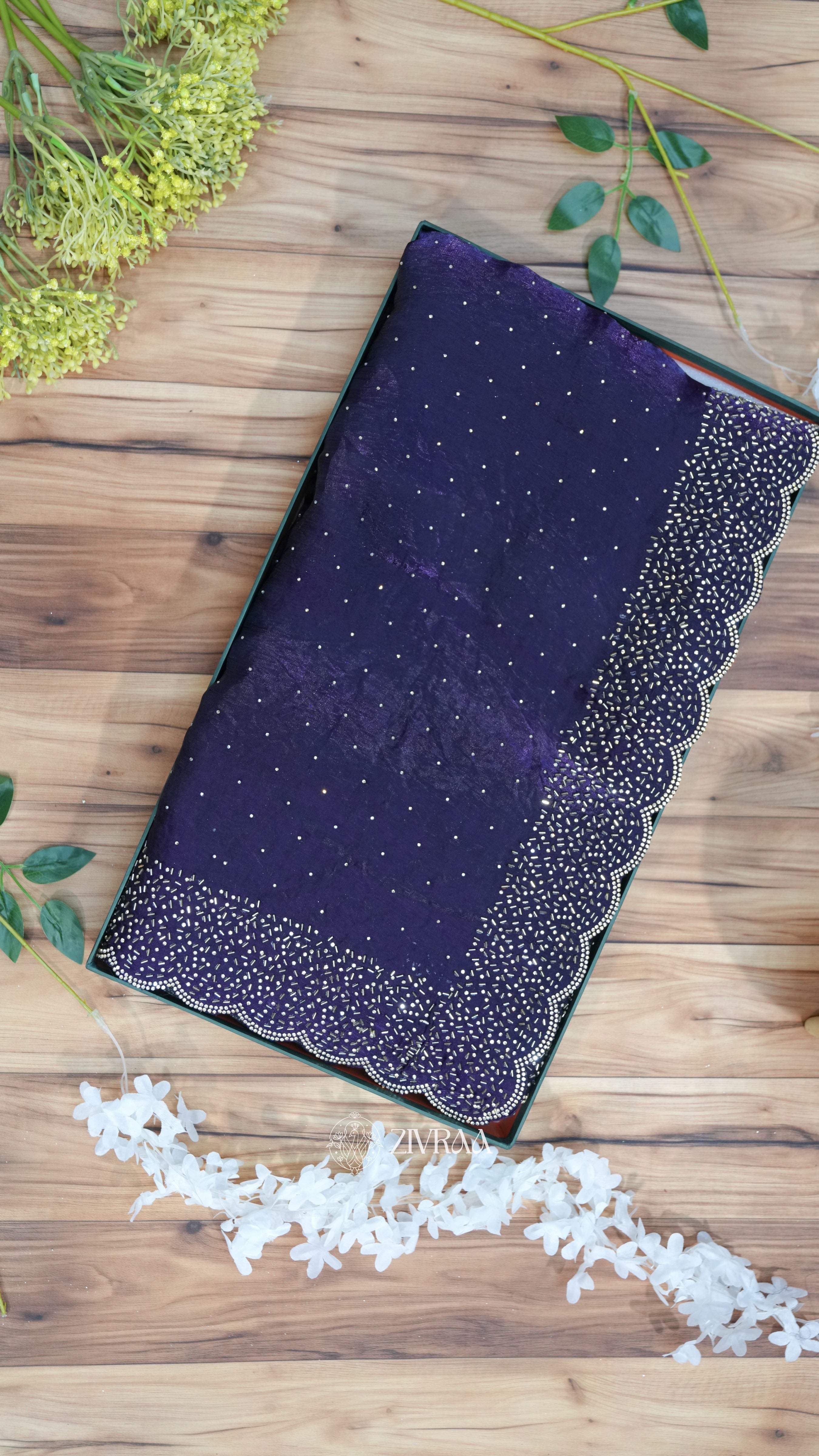 Wine Elegance Hand-Embellished Saree with Scalloped Border