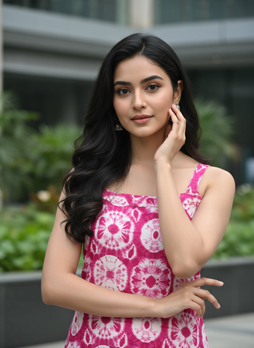 Women’s Pink Printed Sleeveless Long Kurti – Casual Ethnic Summer Wear