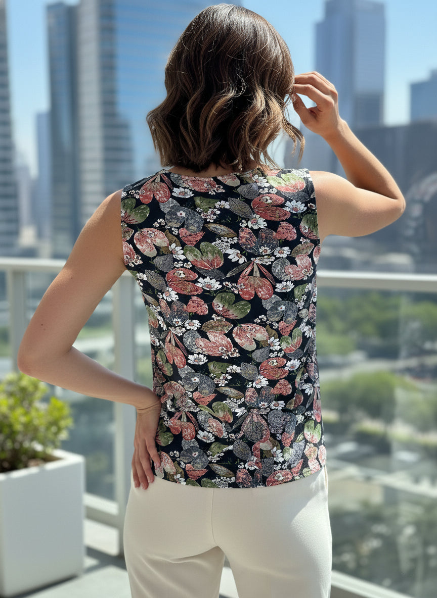 Women’s Black Floral Print Sleeveless Cotton Blend V-Neck Casual Top