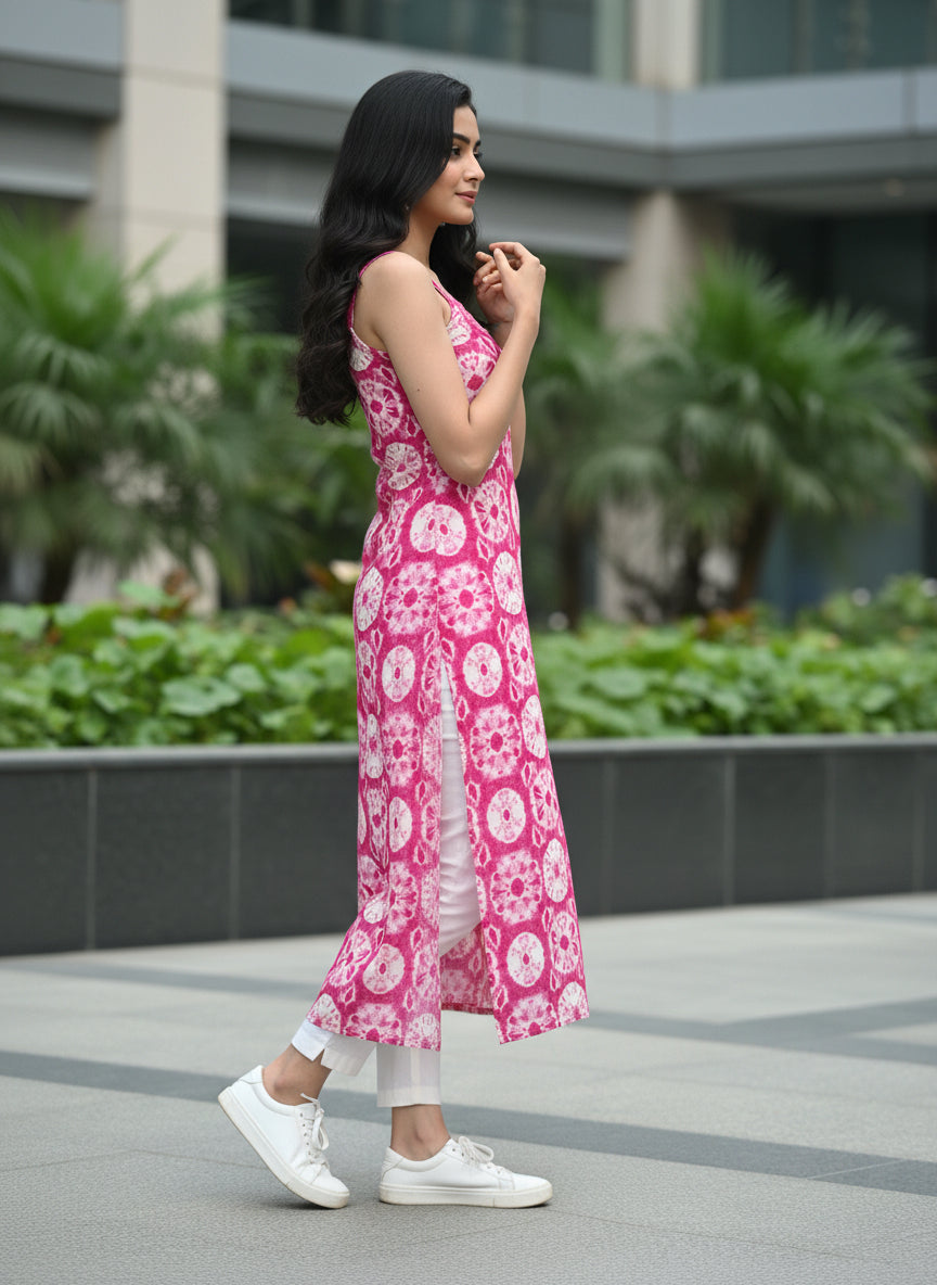 Women’s Pink Printed Sleeveless Long Kurti – Casual Ethnic Summer Wear