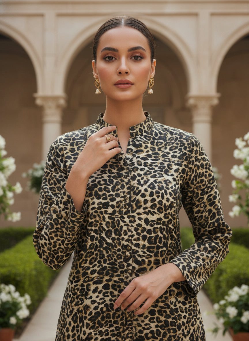 Black & Brown Printed Co-Ord Set with Mandarin Collar Top and Elasticated Trousers – Chic Everyday Statement Outfit