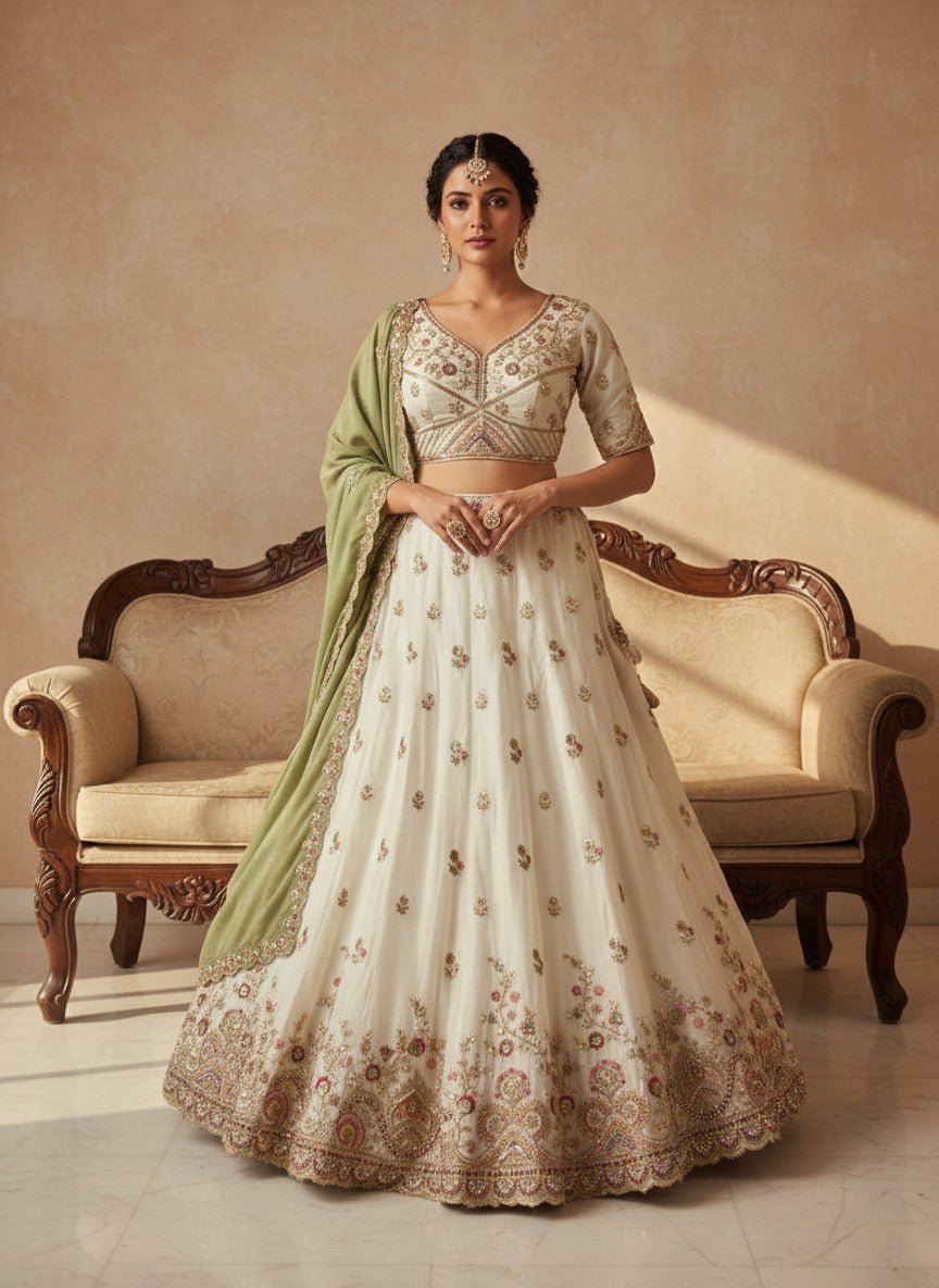 Ivory Viscose Tissue Lehenga with Mustard Fendi Dupatta – Fully Stitched Designer Festive Wear