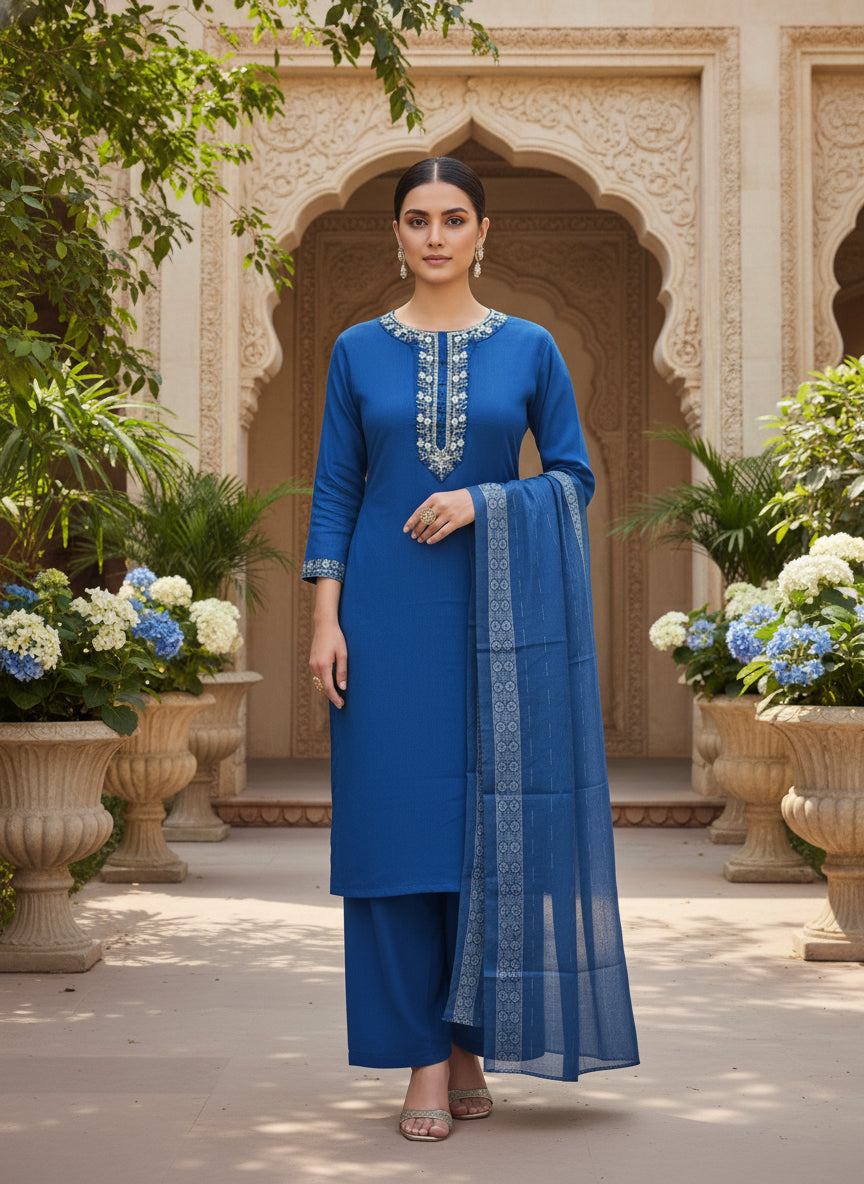Woman in a blue traditional outfit standing in an outdoor setting with floral arrangements and architectural elements.