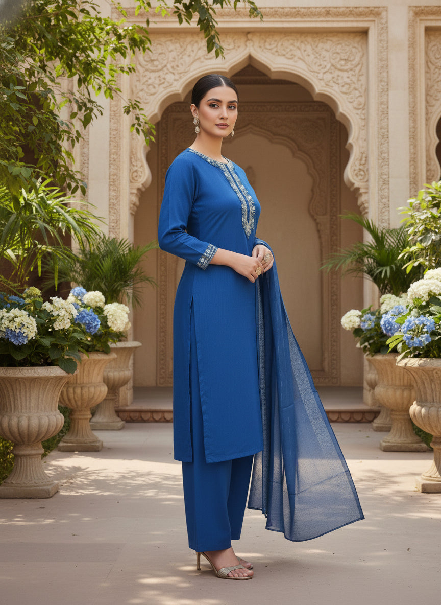 Woman in a blue traditional outfit standing in an ornate courtyard with plants and flowers.