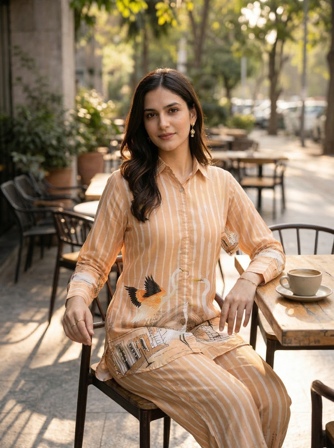 Women Mustard Printed Co-Ord Set | Shirt Style Kurta & Striped Pants | Trendy Casual Ethnic Wear