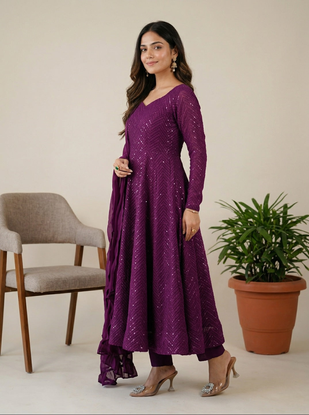 Georgette Anarkali Suit Set with Dupatta | Designer Lucknowi Embroidered Ethnic Wear
