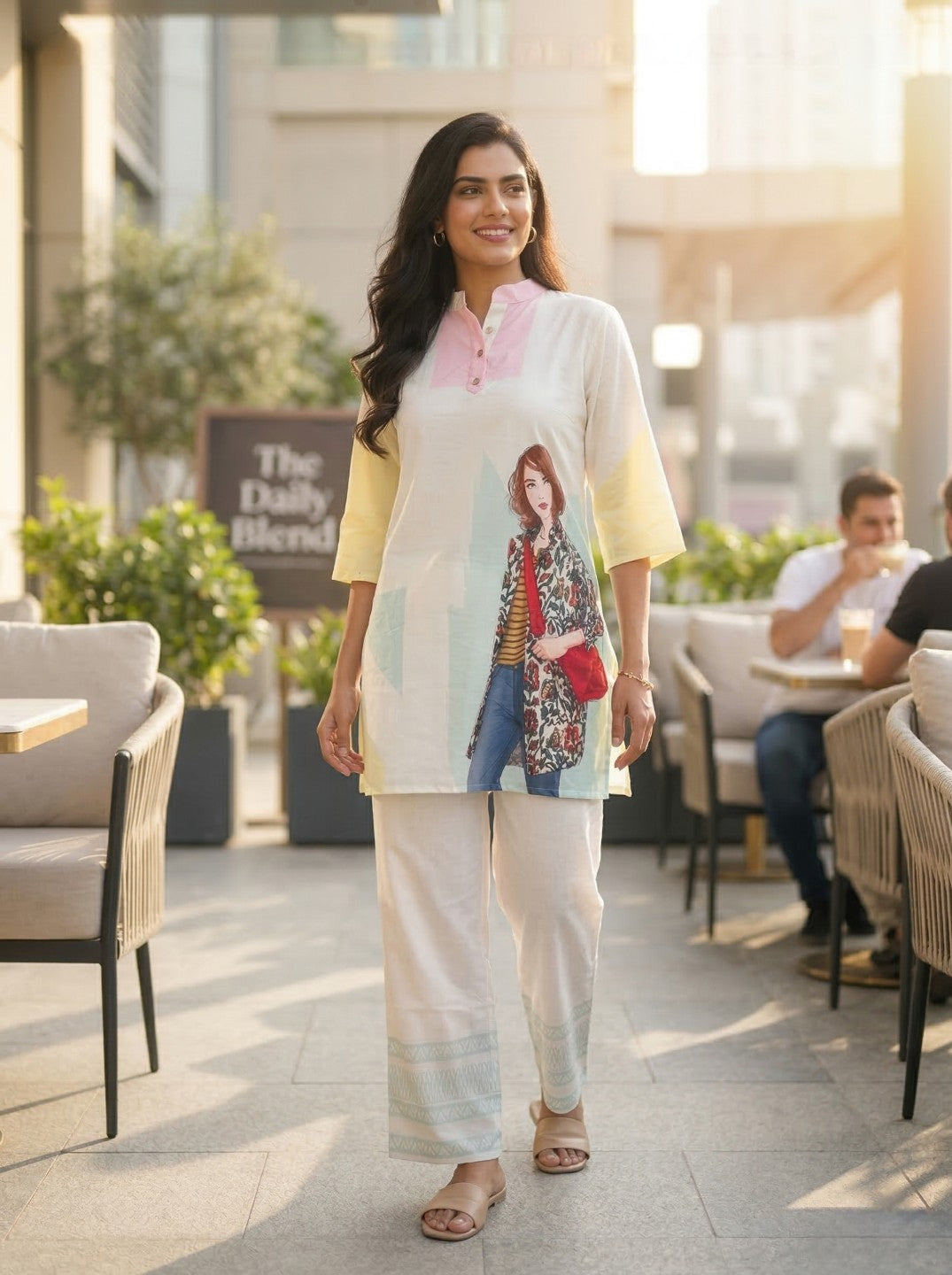 Women White Printed Co-Ord Set | Casual Kurta & Pant Set | Trendy Graphic Ethnic Wear