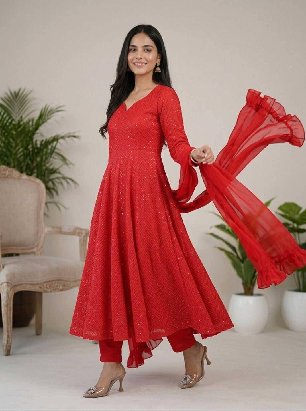 Georgette Anarkali Suit Set with Dupatta | Designer Lucknowi Embroidered Ethnic Wear