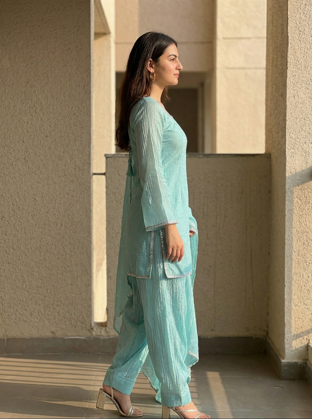 Women Crunchy Silk Kurta Set with Farshi Salwar & Dupatta | Sirovski Work Ethnic Suit