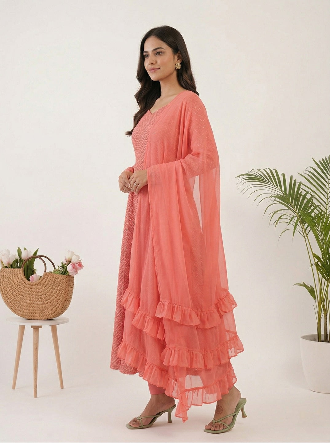Georgette Anarkali Suit Set with Dupatta | Designer Lucknowi Embroidered Ethnic Wear