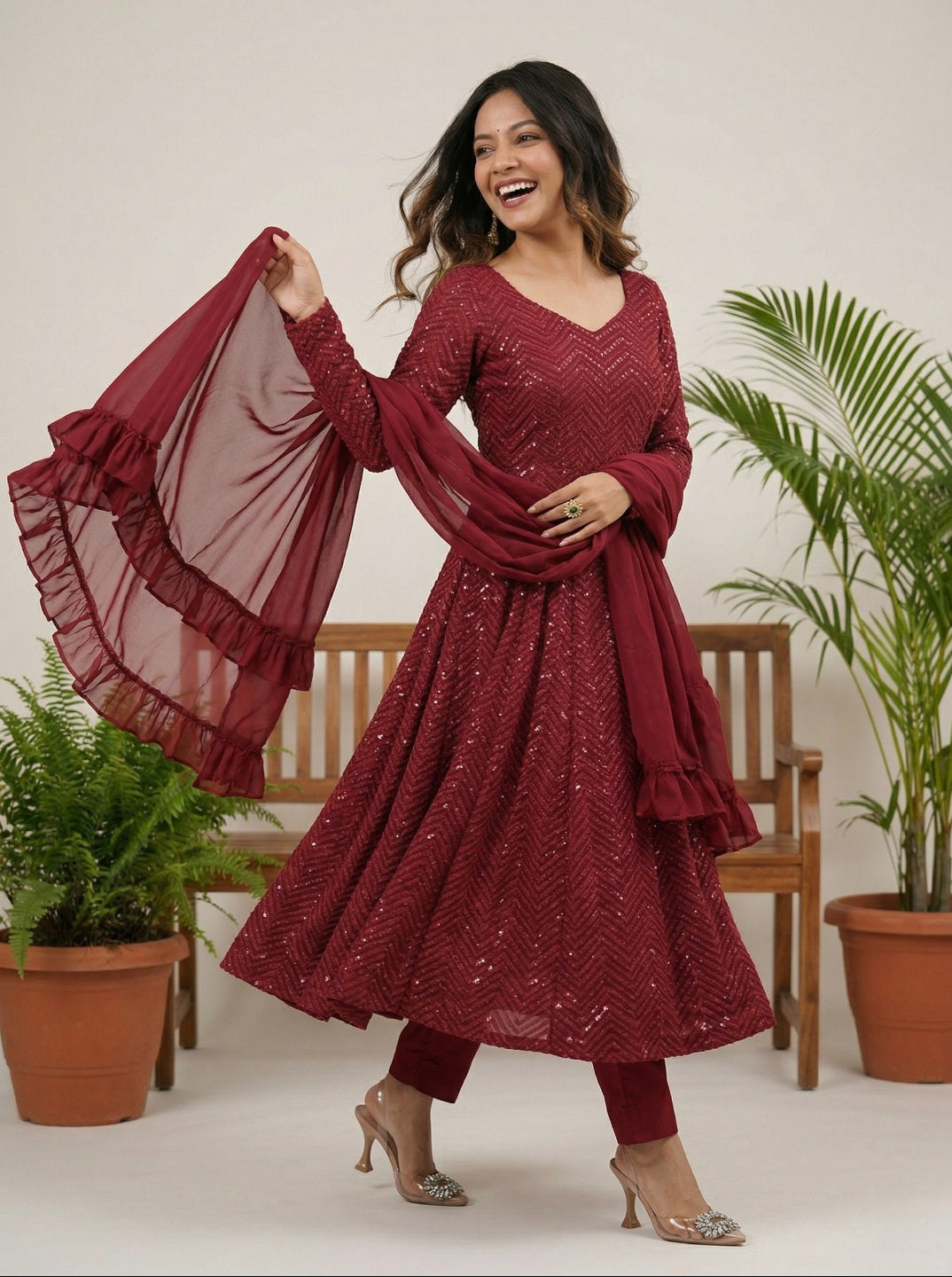 Lucknowi Georgette Anarkali Suit Set with Dupatta | Party Wear Fully Flared Gown Set for Women