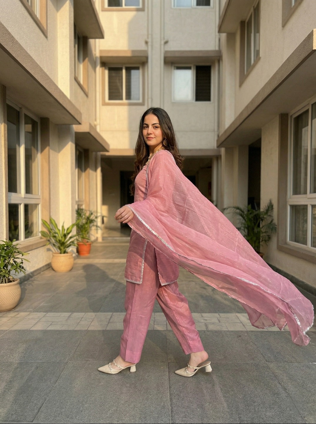Women Crunchy Silk Kurta Set with Farshi Salwar & Dupatta | Sirovski Work Ethnic Suit