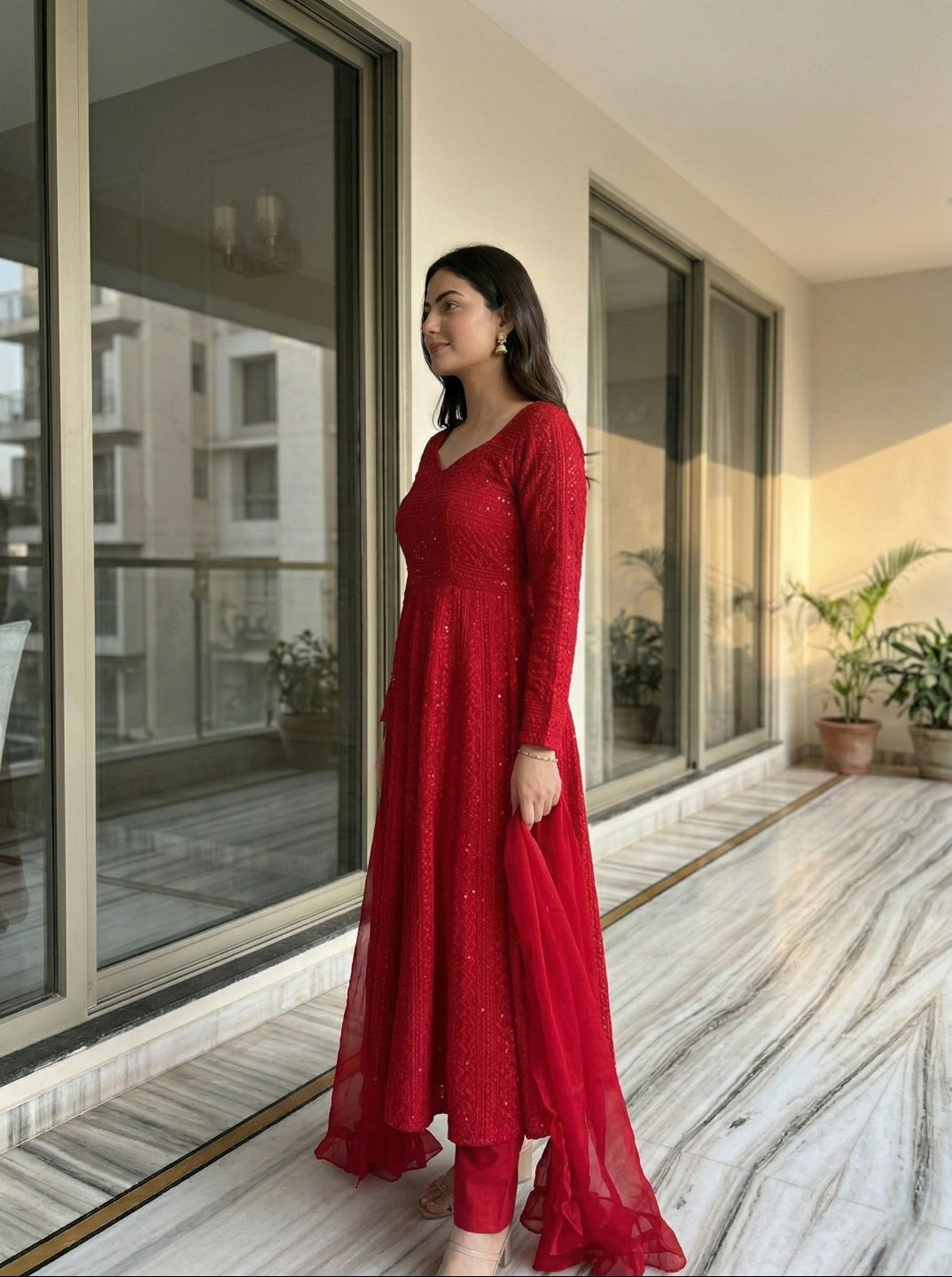 Lucknowi Georgette Anarkali Suit Set with Dupatta | Heavy Sequence Work Ethnic Wear for Women