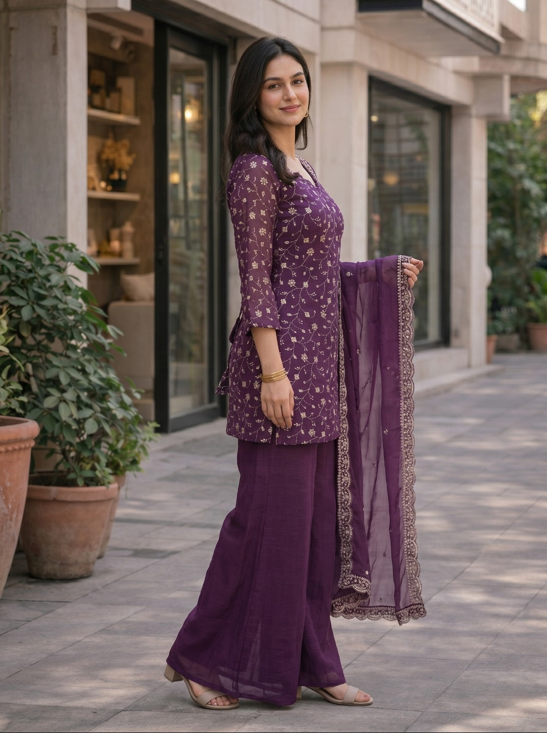 Purple Embroidered Crunchy Silk Kurta Set with Dupatta | Elegant Festive & Wedding Wear for Women