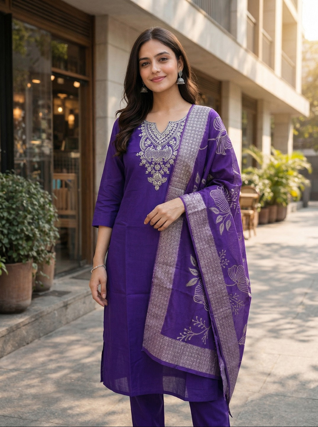 Royal  Ethnic Motif Embroidered Straight Kurta Set with Trousers & Dupatta – Elegant Art Silk Festive Suit