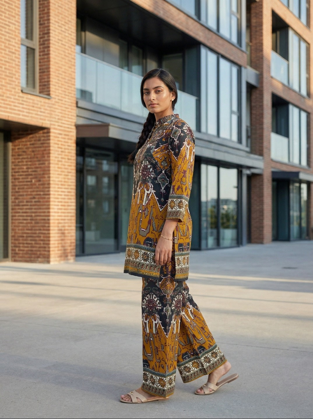 Abstract Printed Co-Ord Set with Mandarin Collar Top and Elasticated Trousers for Casual & Festive Wear
