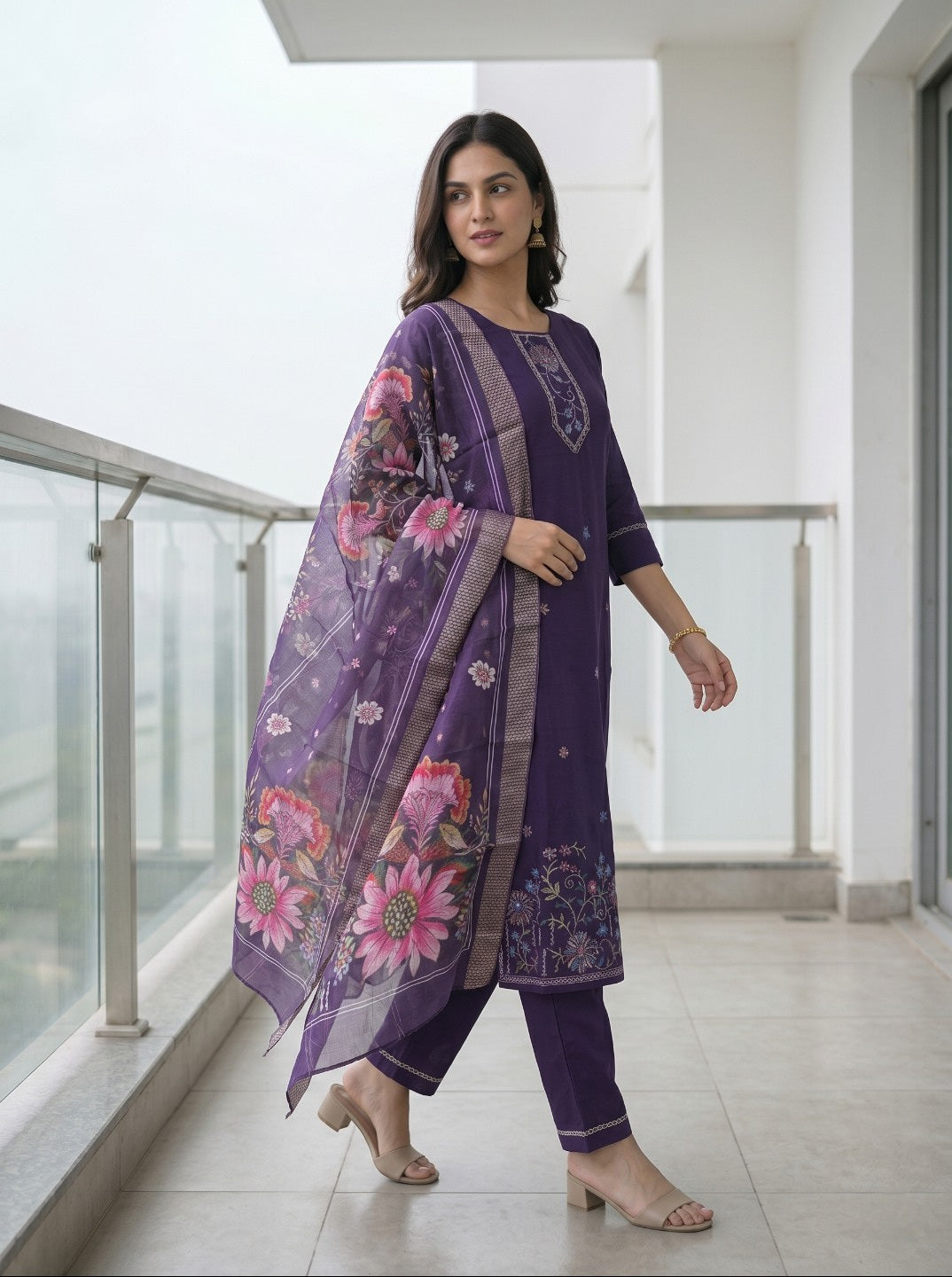 Purple Roman Silk Embroidered Kurta Set with Organza Chanderi Dupatta | Elegant Ethnic 3 Piece Suit Set for Women