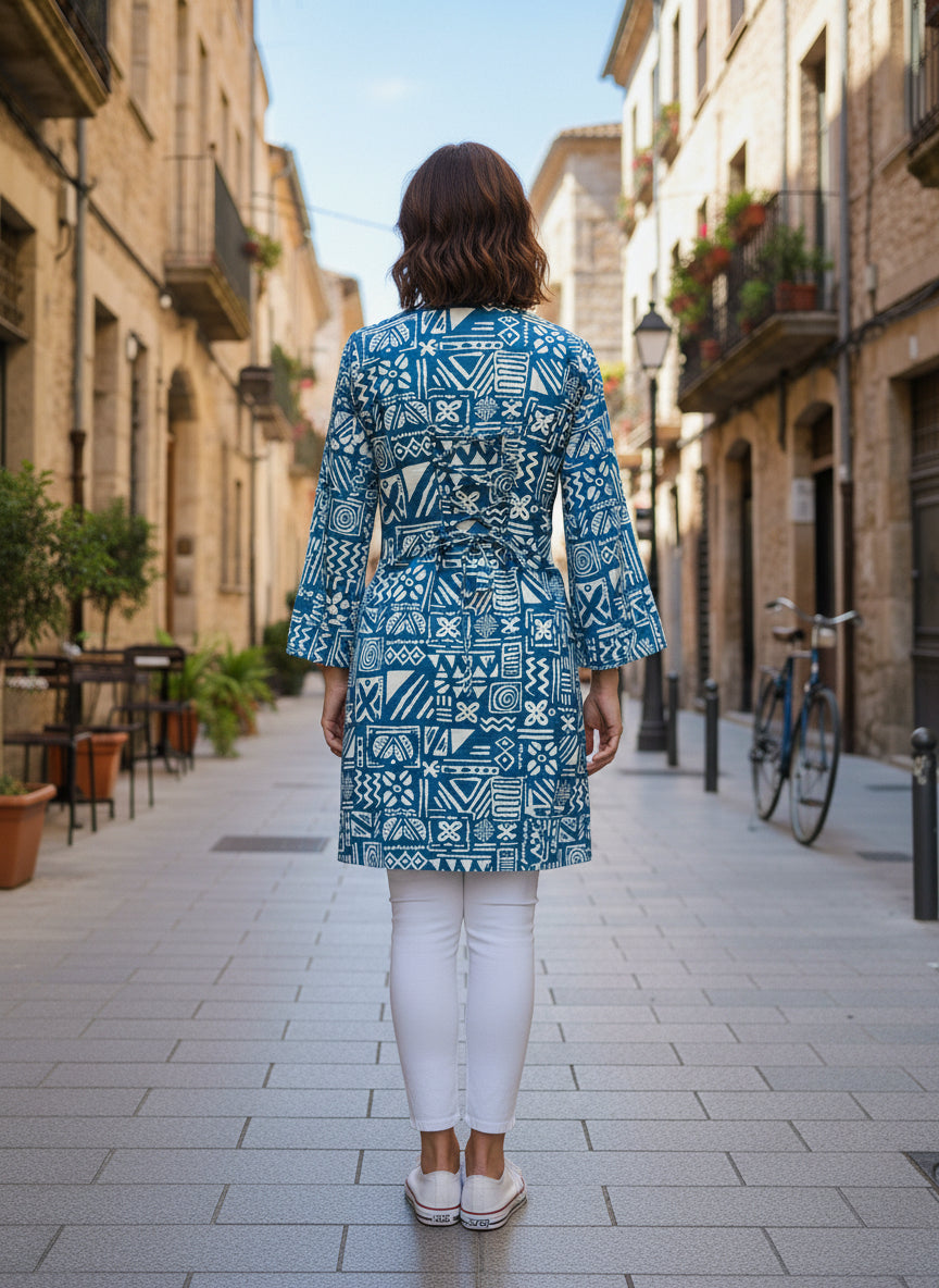 Blue Abstract Printed Straight Kurti for Women – Cotton Blend Round Neck Long Sleeve Casual & Office Wear